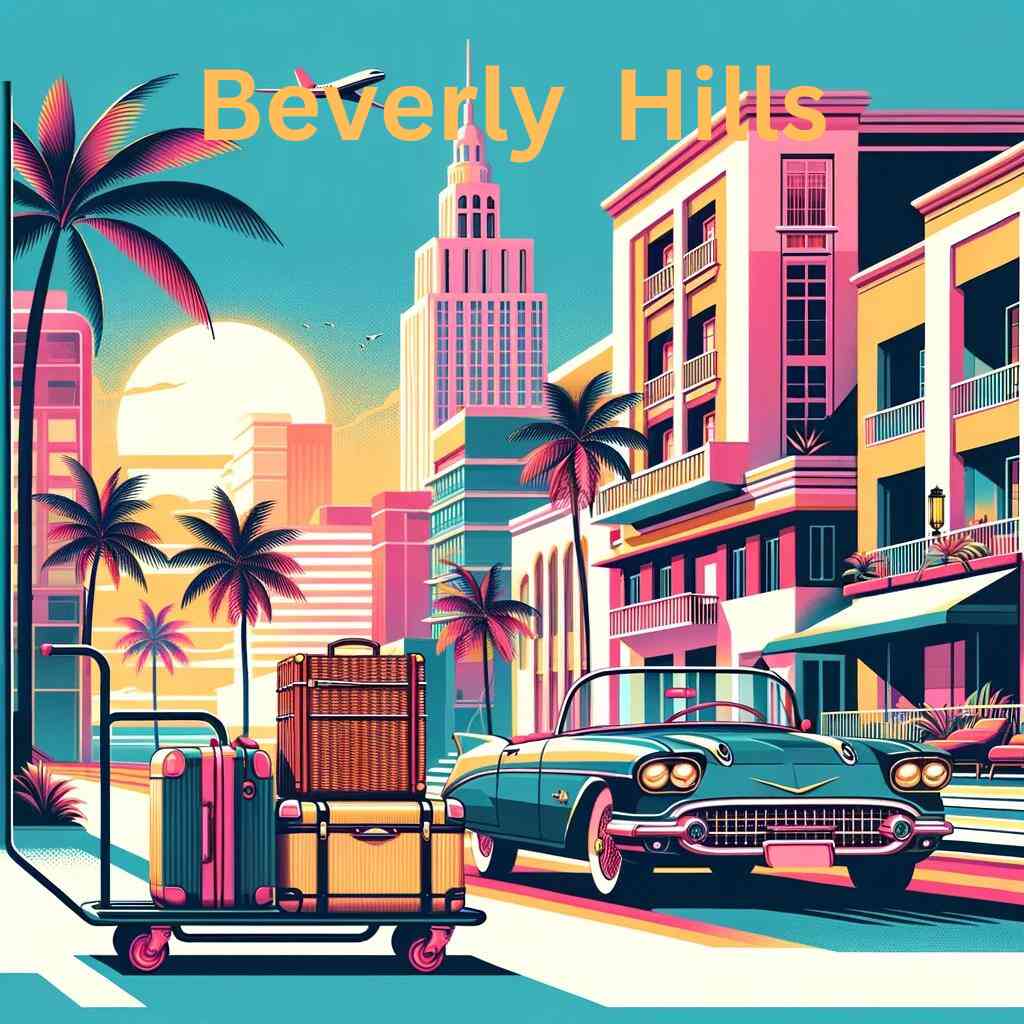 Paint by Numbers - Californian Dreams featuring a retro convertible and pastel buildings under palm trees in Beverly Hills.