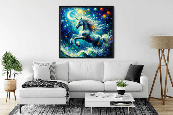 Paint by Numbers artwork "Cosmic Dream Dance" depicting a radiant unicorn floating through a vibrant nighttime galaxy, displayed in a modern living room.