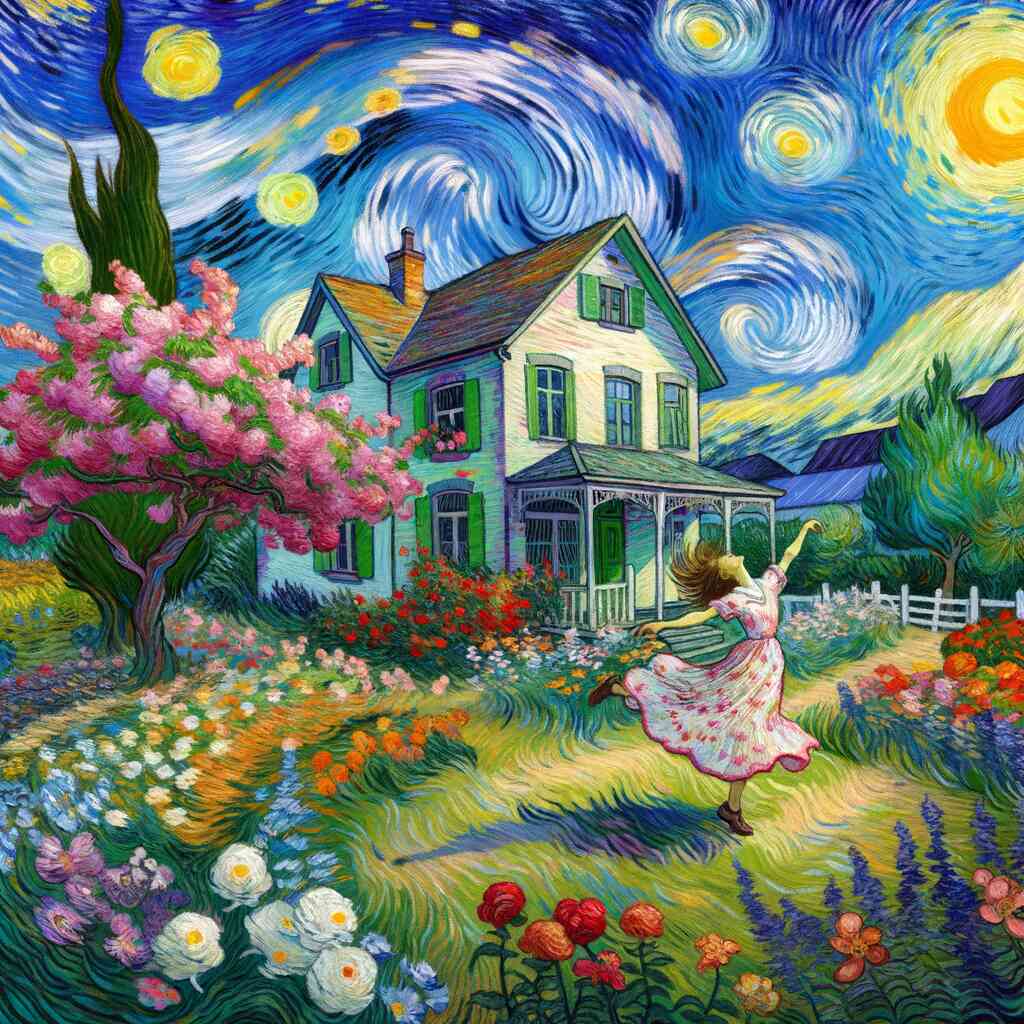 Paint by Numbers - Starry Night Whispers featuring a vibrant house, lush gardens, and a swirling Van Gogh-inspired sky.