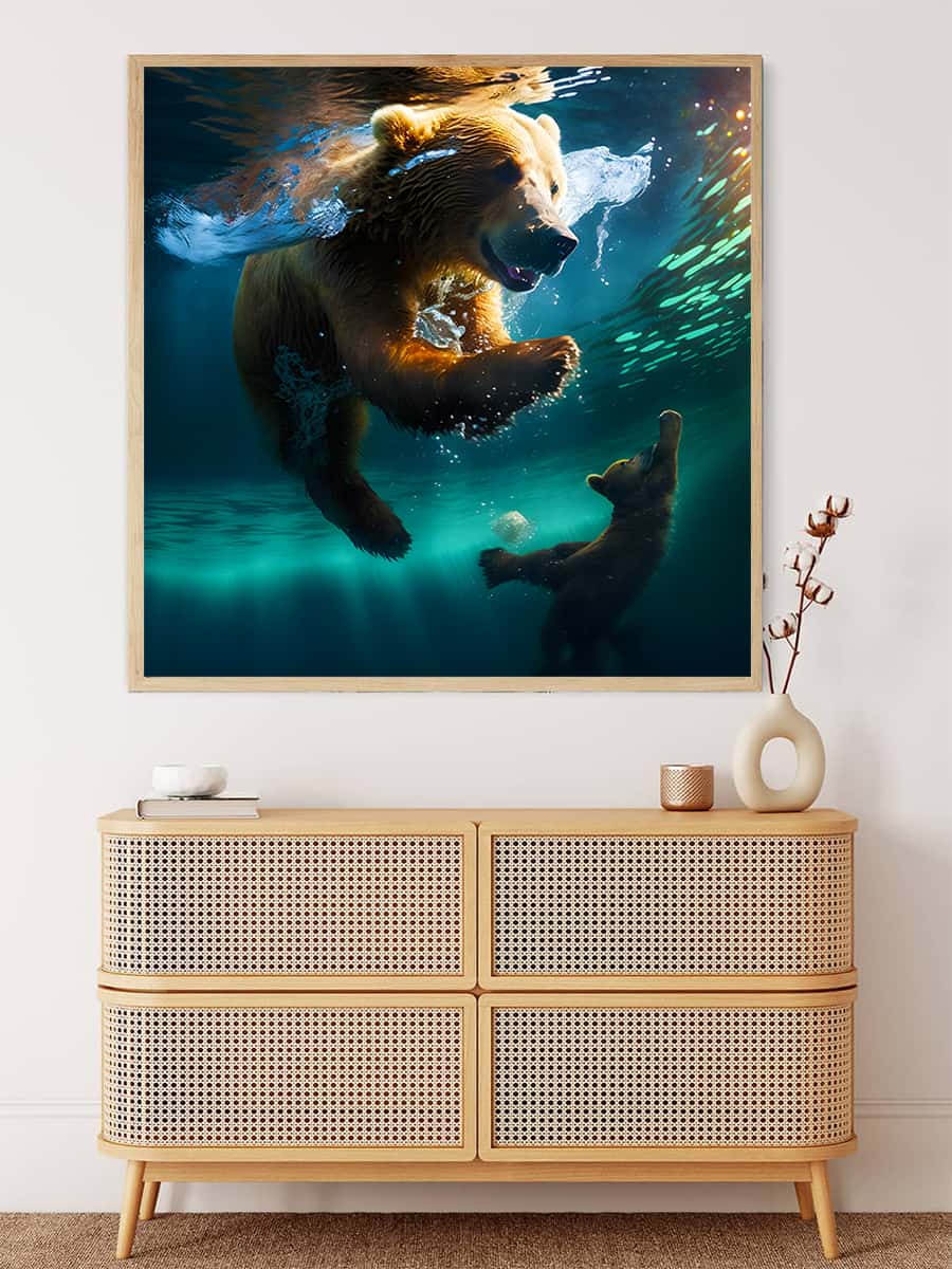 Diamond painting of mother bear swimming with cub, featured on a wall above a modern rattan cabinet. Paint by Numbers art.