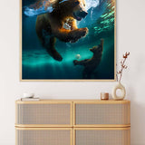 Diamond painting of mother bear swimming with cub, featured on a wall above a modern rattan cabinet. Paint by Numbers art.
