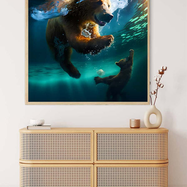 Diamond painting of mother bear swimming with cub, featured on a wall above a modern rattan cabinet. Paint by Numbers art.