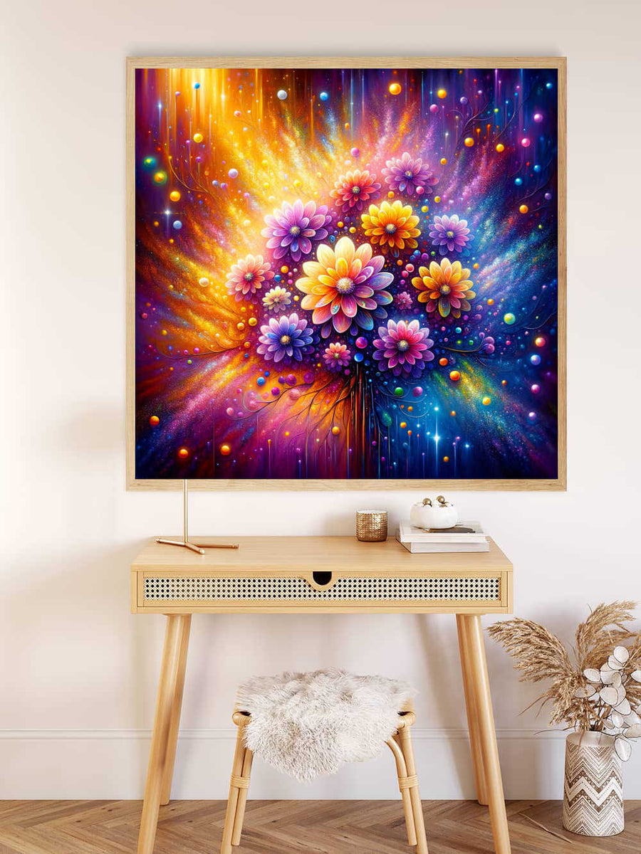 Colorful floral painting with sparkling diamonds, showcasing the Joy of Color and the Glow of Rain Flowers on a Paint by Numbers canvas.