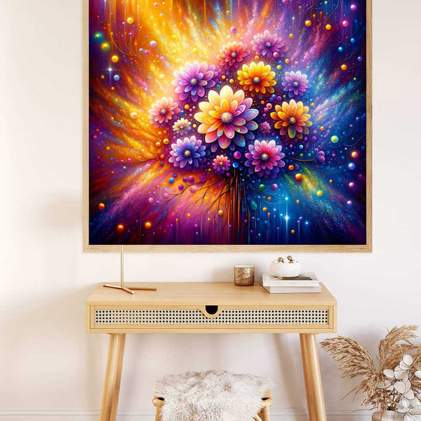 Colorful floral painting with sparkling diamonds, showcasing the Joy of Color and the Glow of Rain Flowers on a Paint by Numbers canvas.