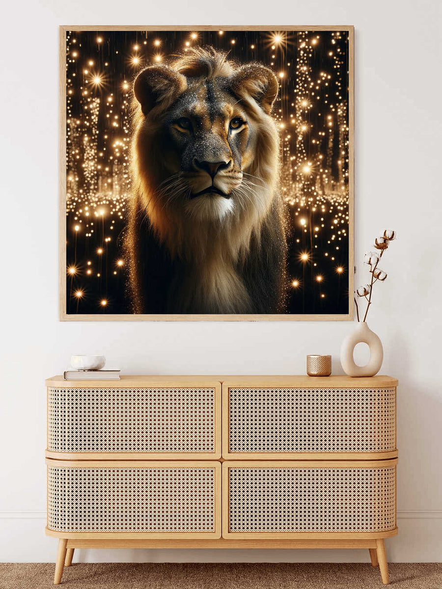 "Paint by Numbers Sternenmähne - Lion with Starry Mane Painting in Modern Style Displayed Above a Wooden Cabinet"