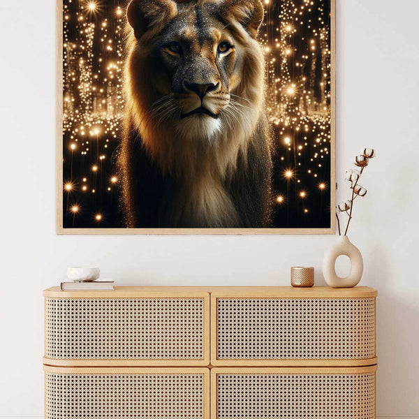 "Paint by Numbers Sternenmähne - Lion with Starry Mane Painting in Modern Style Displayed Above a Wooden Cabinet"