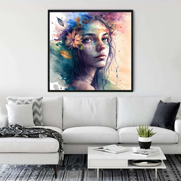 Living room with framed Diamond Painting - Proud Beauty artwork on wall above white sofa.