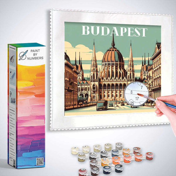 Paint by Numbers set featuring a Budapest scene with the iconic Parliament building in sepia tone, highlighting architectural precision and street life.