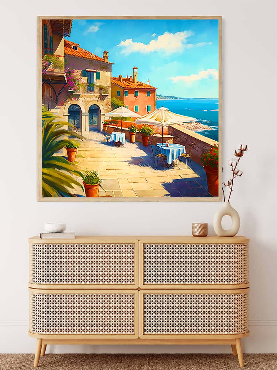 Diamond Painting Kit - Terrace by the Sea displayed above a modern dresser. Paint by Numbers on a professional canvas with sparkling acrylic diamonds.