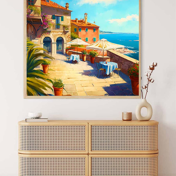 Diamond Painting Kit - Terrace by the Sea displayed above a modern dresser. Paint by Numbers on a professional canvas with sparkling acrylic diamonds.