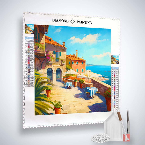Paint by Numbers Diamond Painting Kit of a terrace by the sea with a scenic view and included tools.