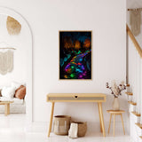 Framed AB Diamond Painting - Shining Path displayed on the wall in a modern living room setup with minimalist decor.