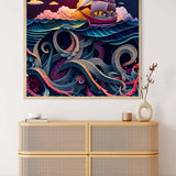 Diamond painting of a ship battling rough sea with octopus tentacles, displayed above a rattan cabinet