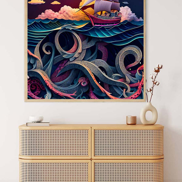 Diamond painting of a ship battling rough sea with octopus tentacles, displayed above a rattan cabinet