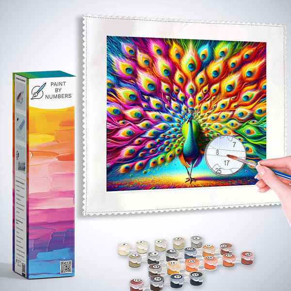 Paint by Numbers kit with colorful peacock design, vibrant paints, and brush for creating a vivid, expressive artwork called "Color Explosion of Peacock Pride."