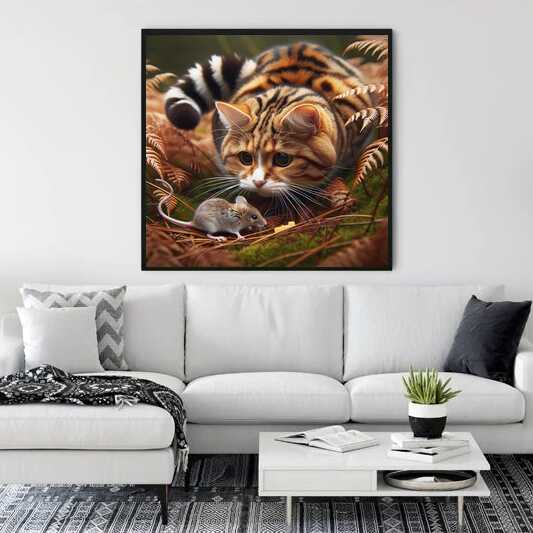 Paint by Numbers - Hidden Encounter in the Autumn Forest artwork depicting a cat and mouse, displayed in a modern living room.