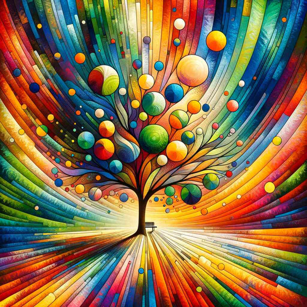 Paint by Numbers - Tree of Life of Color Magic, vibrant abstract expressionist artwork with colorful rays emanating from a tree trunk