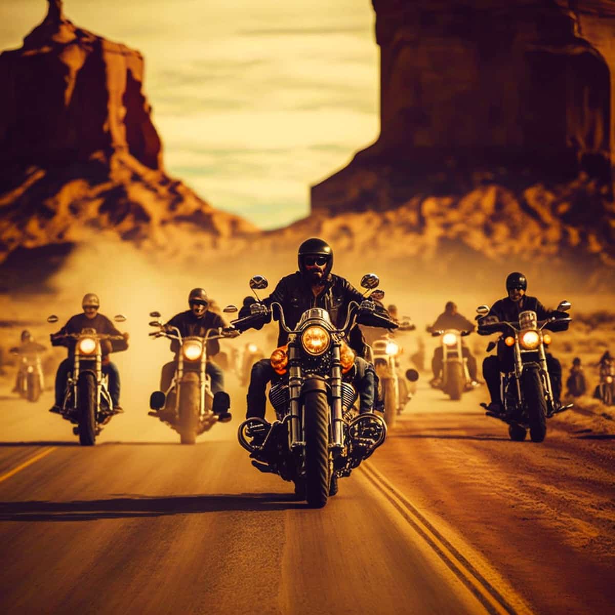 Group of motorcyclists riding through desert landscape at sunset.