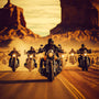 Group of motorcyclists riding through desert landscape at sunset.