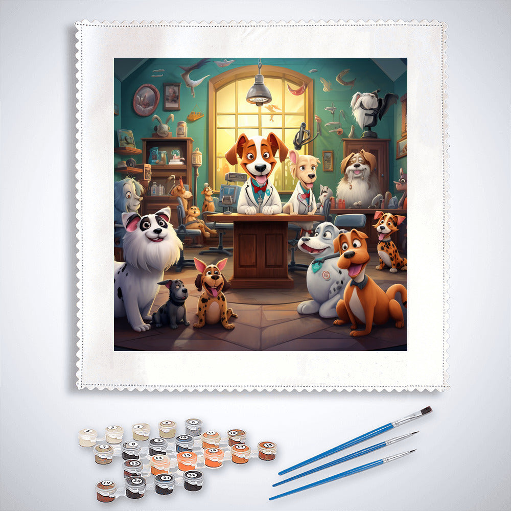 Paint by Numbers kit featuring a whimsical veterinarian comic scene with playful dogs and cats in a colorful vet's office.
