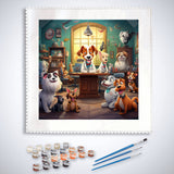 Paint by Numbers kit featuring a whimsical veterinarian comic scene with playful dogs and cats in a colorful vet's office.