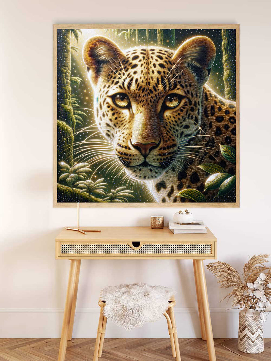 Diamond Painting - Leopard Portrait in gold, umber, and green tones with hypnotizing eyes on display in a stylish room. Paint by Numbers.