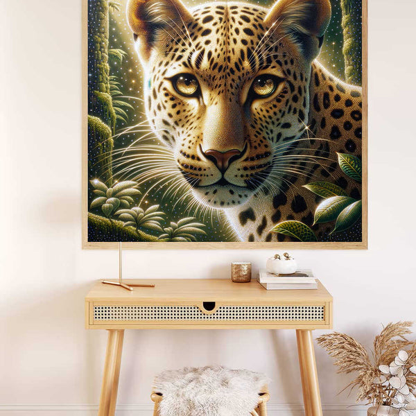 Diamond Painting - Leopard Portrait in gold, umber, and green tones with hypnotizing eyes on display in a stylish room. Paint by Numbers.