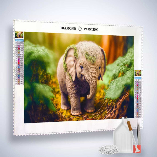 Diamond Painting - Little Elephant in the Forest Paint by Numbers Kit with sparkling diamonds, tweezers, and application tools.