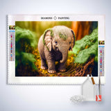 Diamond Painting Kit featuring a little elephant in the forest with tools and acrylic diamonds included.