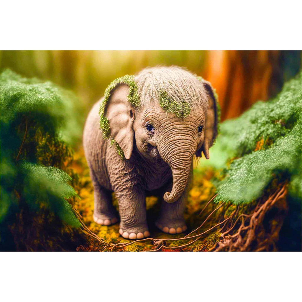 Diamond painting – Little elephant in the forest, part of our Paint by Numbers art kits with sparkling acrylic diamonds.