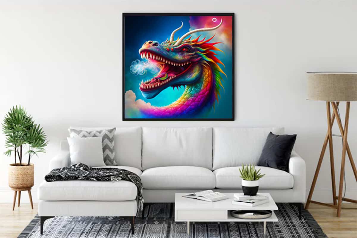 Framed Dragon Path diamond painting displayed above a modern white sofa in a stylish living room