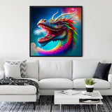 Framed Dragon Path diamond painting displayed above a modern white sofa in a stylish living room