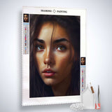 Diamond Painting Kit featuring a closeup model image on canvas with tools, paint by numbers and enhanced acrylic diamonds