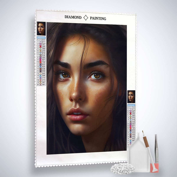 Diamond Painting Kit featuring a closeup model image on canvas with tools, paint by numbers and enhanced acrylic diamonds