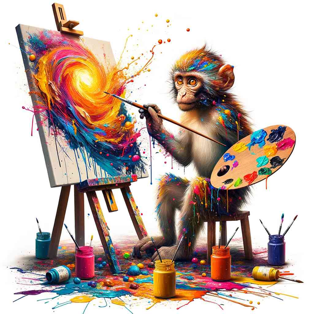 Paint by Numbers - Colorful Fantasy featuring a playful monkey creating a bright, vibrant masterpiece with an expressionist style.
