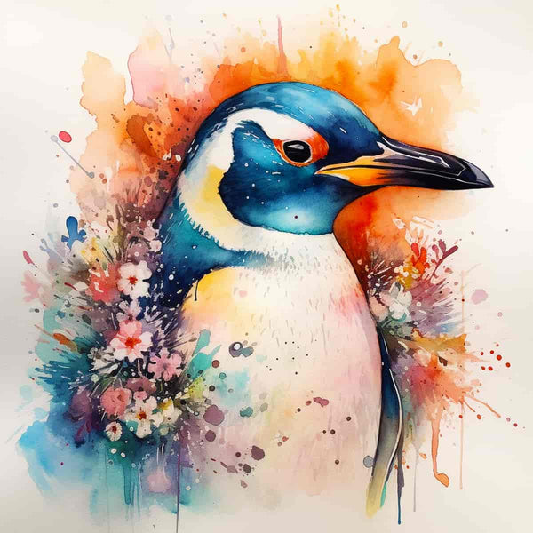 Diamond Painting Kit - Funny Penguin with Vibrant Floral Background, Sparkling Paint by Numbers Design, Enhanced Acrylic Diamonds