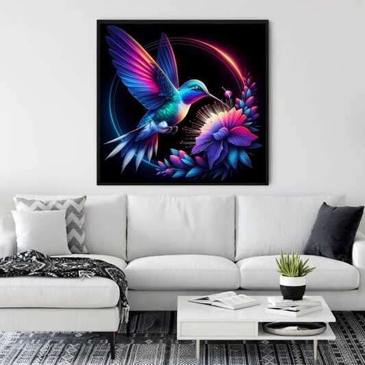Diamond painting of colorful hummingbird with oceanic blue and pink wings feeding on a purple flower against a black background in modern style.