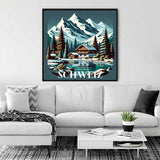 Paint by Numbers - Alpenträume artwork of a cozy chalet amidst alpine mountains and forests, displayed in a modern living room.
