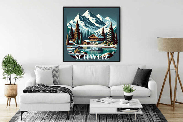 Paint by Numbers - Alpenträume artwork of a cozy chalet amidst alpine mountains and forests, displayed in a modern living room.