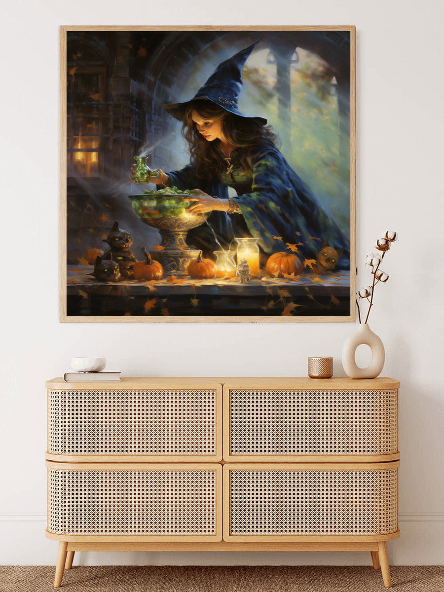 Paint by Numbers - Halloween Magic Brews artwork featuring a witch brewing a potion with pumpkins and candles in the background.