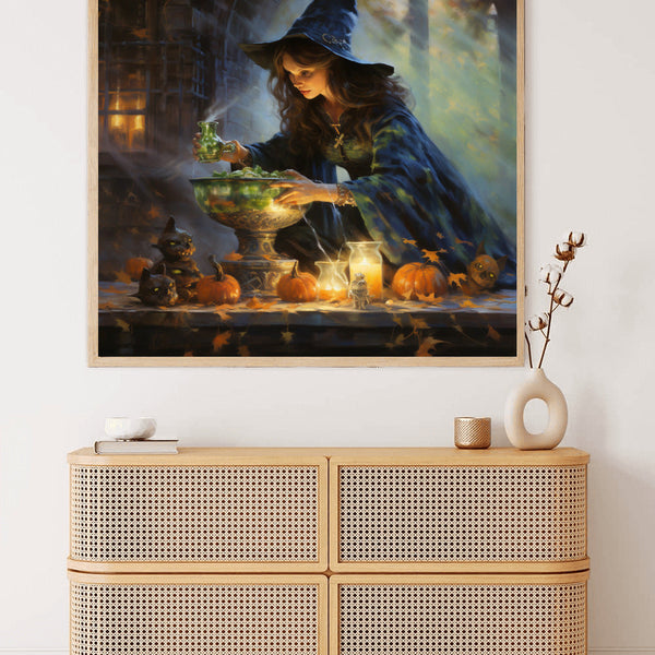 Paint by Numbers - Halloween Magic Brews artwork featuring a witch brewing a potion with pumpkins and candles in the background.