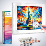 Paint by Numbers kit featuring a vibrant painting of the Statue of Liberty with dynamic brushstrokes in blues, reds, and yellows.