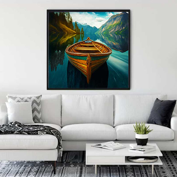 Malen nach Zahlen - Boot und Bergidylle - hochwertige Leinwand - 170523, Boote, Landschaft, Neu eingetroffen, Quadratisch