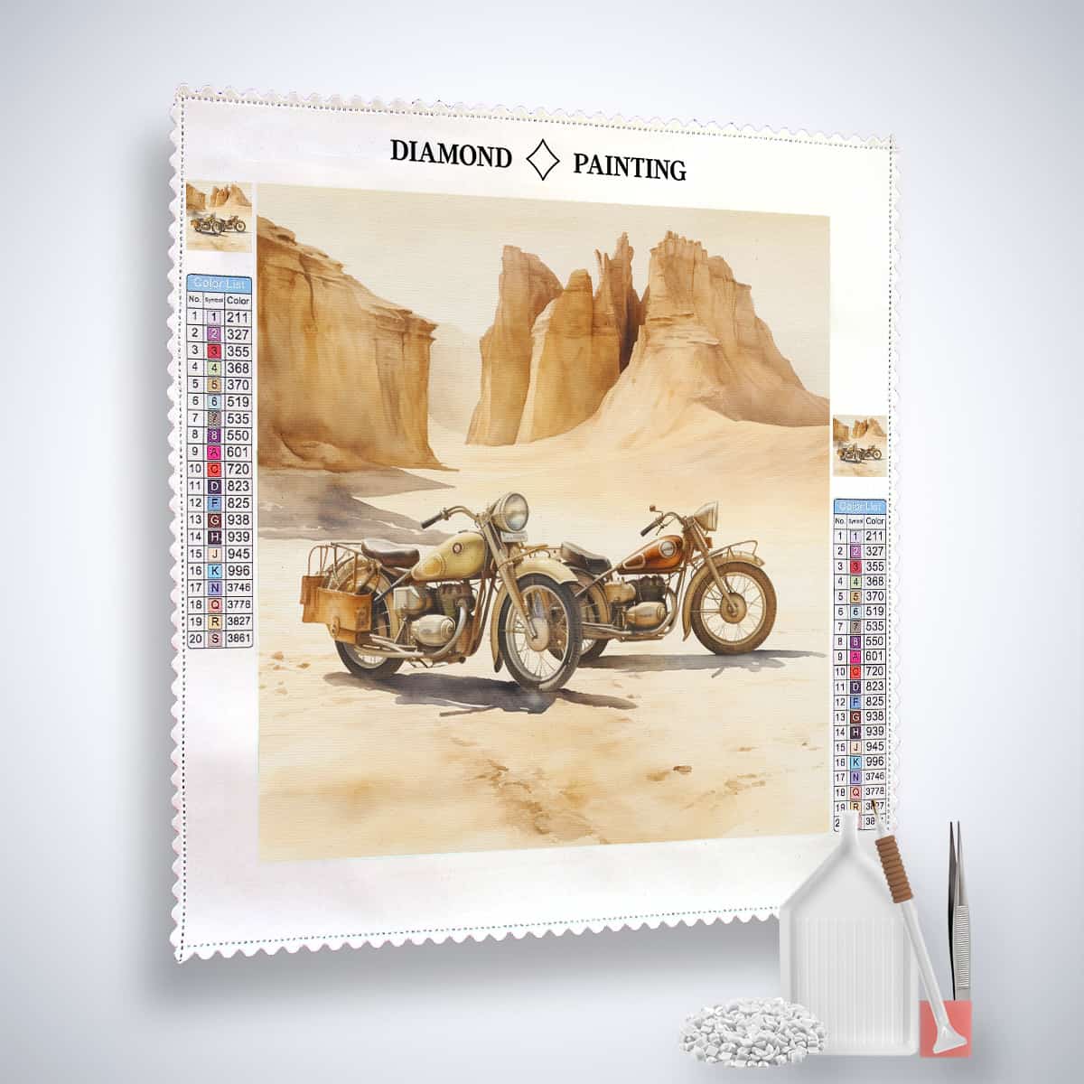 Diamond Painting Kit featuring motorcycles in a desert landscape with tools and acrylic diamonds included.