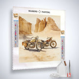Diamond Painting Kit featuring motorcycles in a desert landscape with tools and acrylic diamonds included.