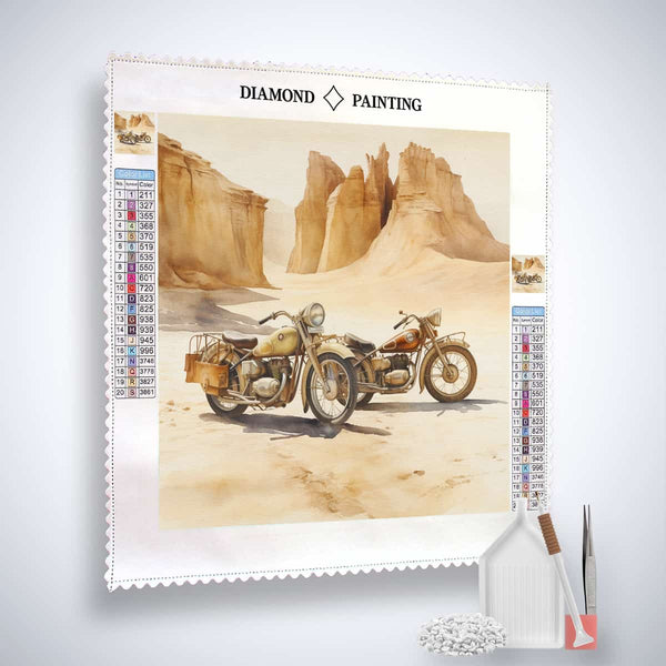 Diamond Painting Kit featuring motorcycles in a desert landscape with tools and acrylic diamonds included.