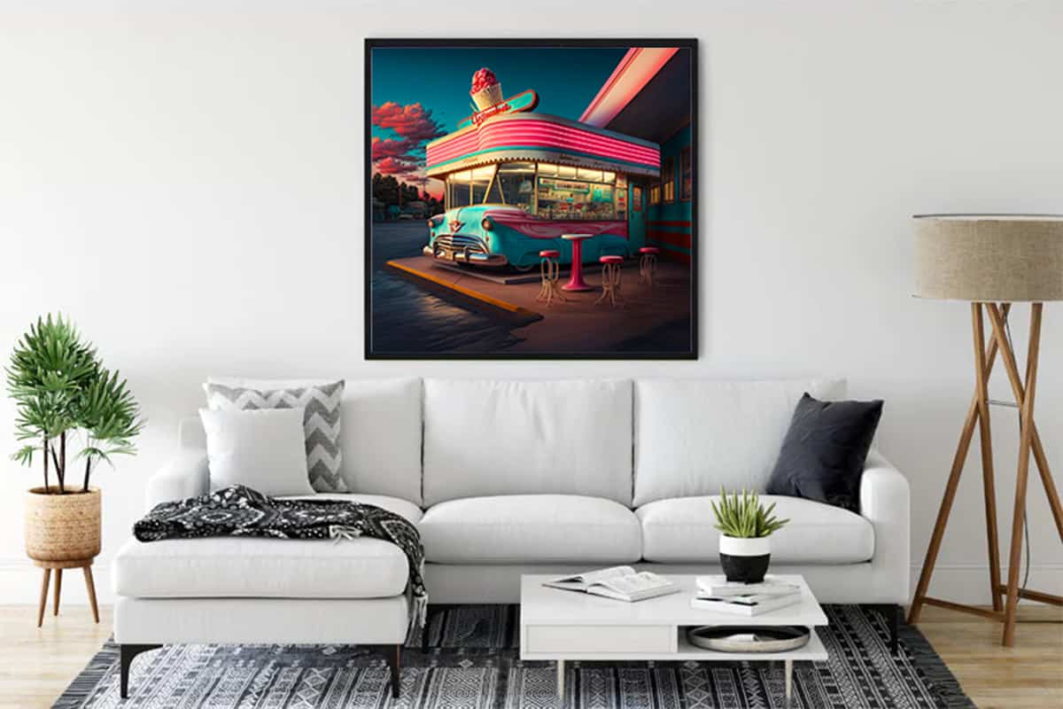 Diamond Painting of historical gas pump and car in modern living room decor. Paint by Numbers kit included.