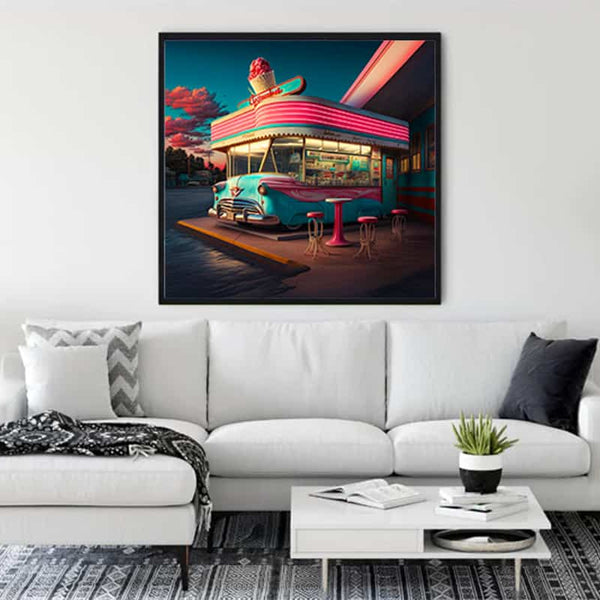 Diamond Painting of historical gas pump and car in modern living room decor. Paint by Numbers kit included.