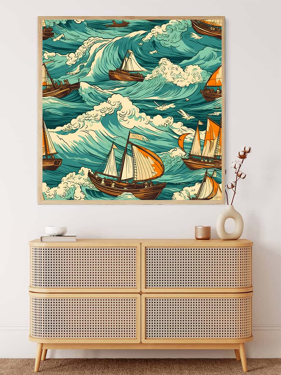 Diamond Painting of Ships at Sea displayed above a wooden dresser in a cozy home setting.