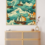 Diamond Painting of Ships at Sea displayed above a wooden dresser in a cozy home setting.